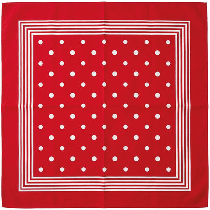 Zakdoek rood met wit uitgevouwen, rode katoenen doek met witte stippen en witte streeprand