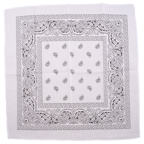 Zakdoek wit 50 x 50 cm uitgevouwen met zwarte paisleyrand en druppelmotieven in het midden