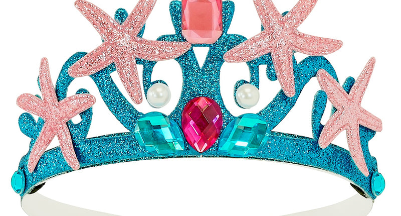 Zeemeermin tiara blauw met glitter, roze zeesterren, parels en facetsteentjes op smalle haarband