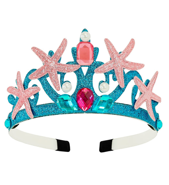 Zeemeermin tiara blauw met glitter, roze zeesterren, parels en facetsteentjes op smalle haarband