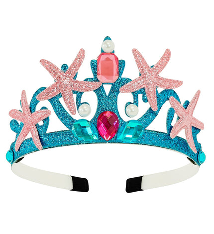 Zeemeermin tiara blauw met glitter, roze zeesterren, parels en facetsteentjes op smalle haarband
