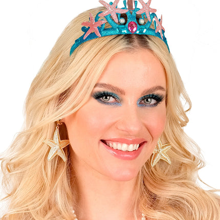 Zeemeermin tiara bij dames, blauwe glitterkroon met parels boven losse golven