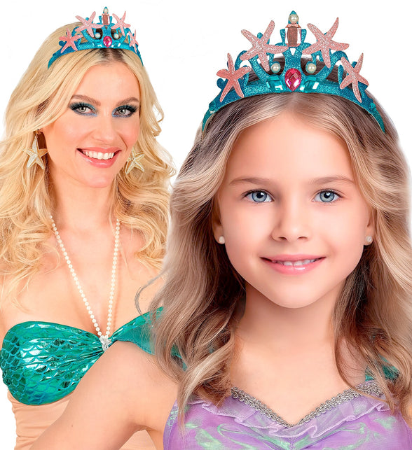 Zeemeermin tiara gedragen door meisje en dame bij een zeemeerminoutfit