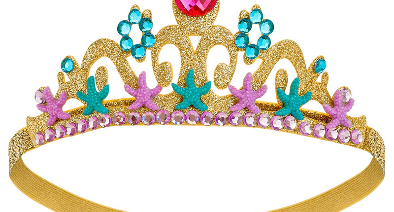 Zeemeermin tiara goud met turquoise en lila zeesterren en roze druppelsteen op elastische band