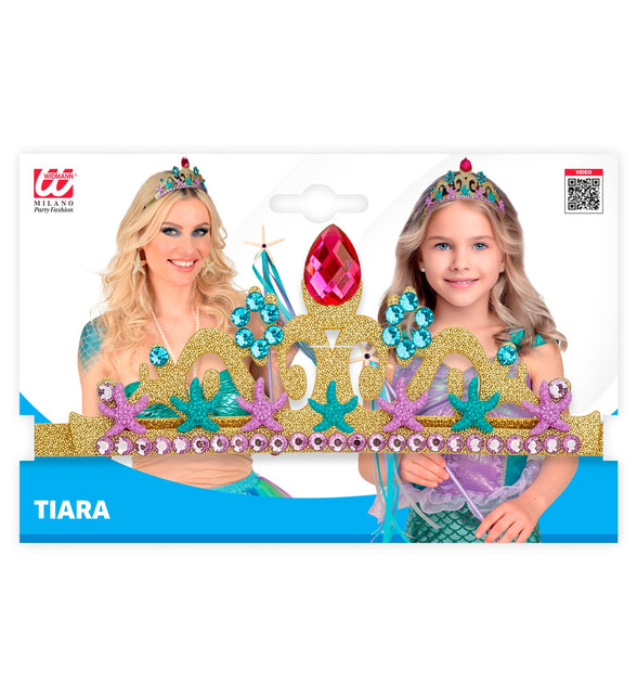 Zeemeermin tiara in verpakking, goudkleurige glitterkroon met zeesterren voor dames en meisjes