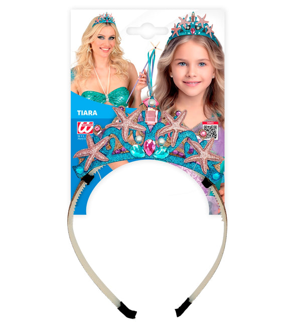 Zeemeermin tiara in verpakking, turquoise glitterkroon met vijf roze zeesterren