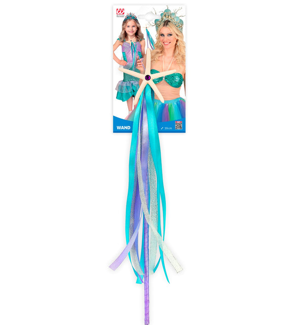 Zeemeermin toverstaf van 39 cm op verpakking met lila steel en zilveren linten