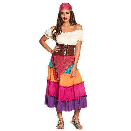 Zigeunerin kostuum Nadya dames: jurk met crème top, bruin lijfje en kleurrijke stroken rok voor carnaval