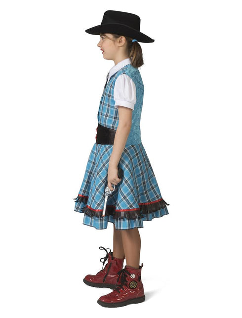 Zijaanzicht van het cowgirl jurkje Blue Bird met wijd uitlopende geruite rok en rode bies boven de franjes