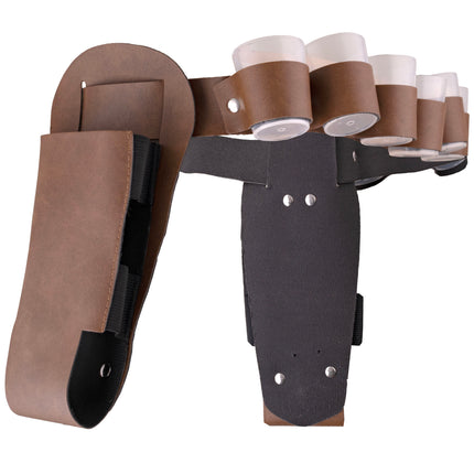 Zijaanzicht van de flessen holster met glaasjeslussen en holster voor een fles