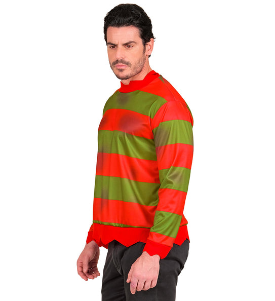 Zijaanzicht van het gestreepte fright night shirt heren met lange mouwen en rode boorden