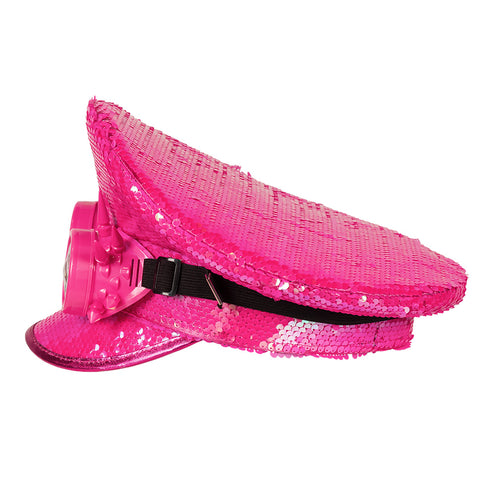 Zijaanzicht van de neonroze pailletten pet met zwarte brilband en metalen gesp