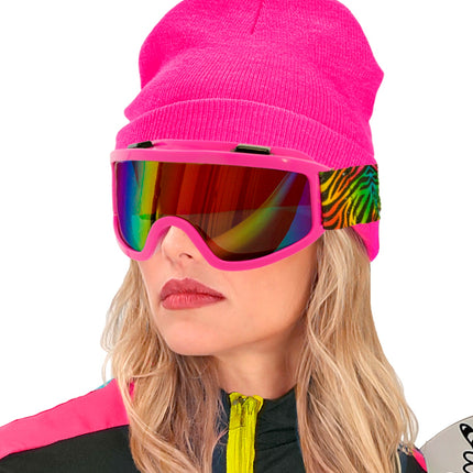 Zijaanzicht van de roze feestskibril met tijgerprint elastiek langs het hoofd