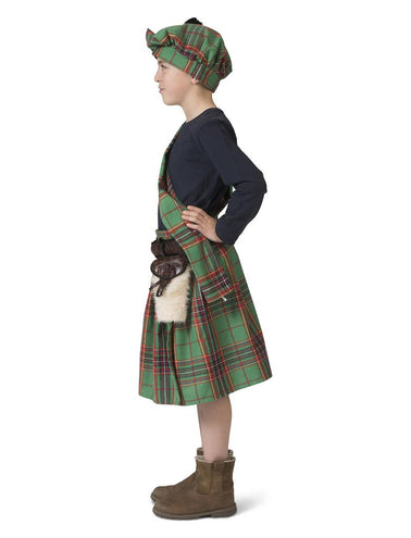 Zijkant van de groene kilt voor kinderen met geplooide ruitstof en bruin tasje aan de riem
