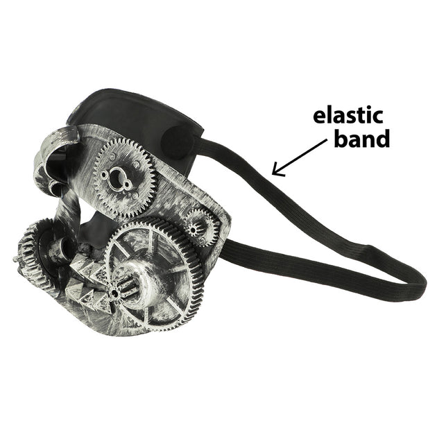 Zijkant van het oogmasker Steamgear met zwart elastiek en groot tandwiel