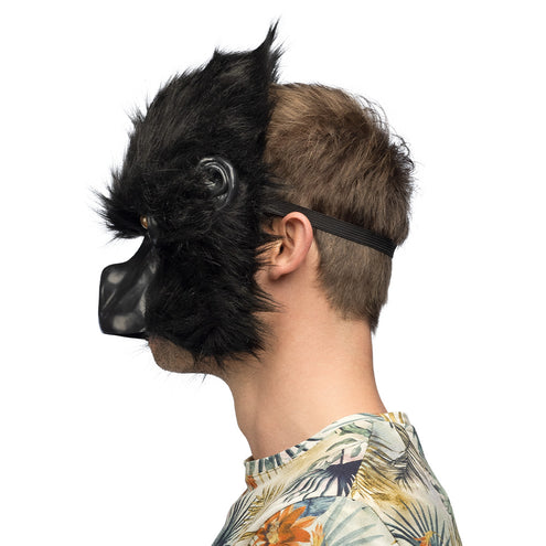 Zijkant van het zwarte gorilla halfmasker met elastiek achter het hoofd en vrije kin