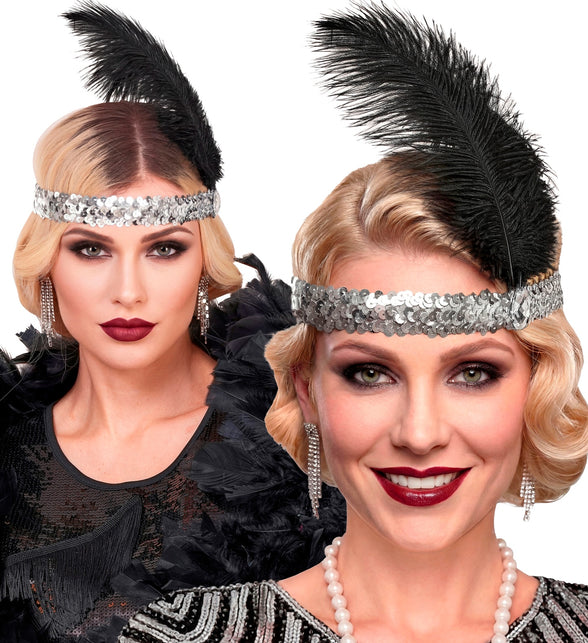 Zilveren jaren 20-haarband met veren gedragen door dames op een flapperfeest