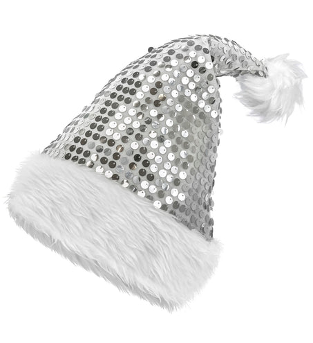 Zilveren kerstmuts met ronde pailletten, witte pluche rand en pluimpje voor Kerst