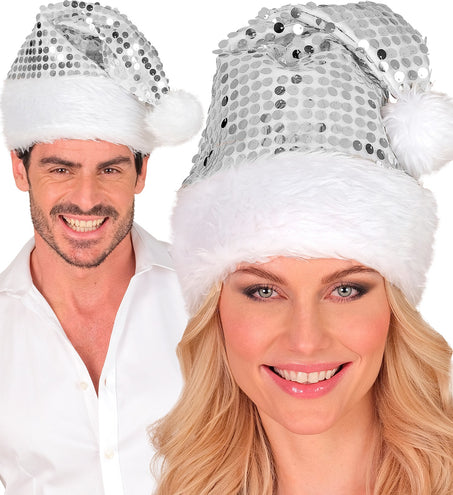 Zilveren pailletten kerstmuts gedragen door dame en heer op een kerstborrel