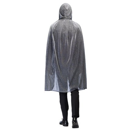 Zilvergrijze glittercape van polyester op de rug gezien, capuchon rechtop