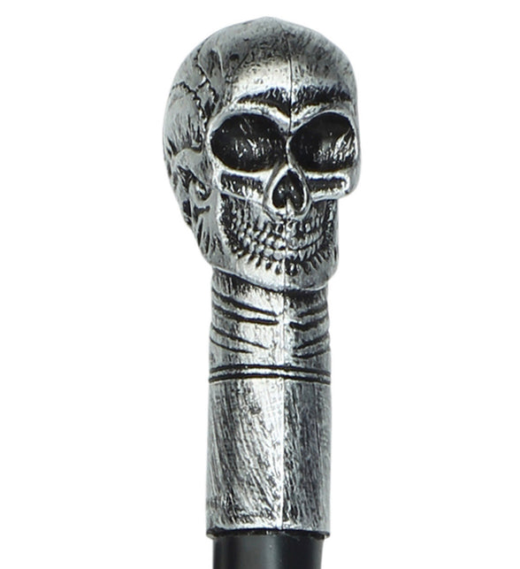 Zilverkleurige doodshoofdknop van de schedelwandelstok met diepe oogkassen en gegroefde greep