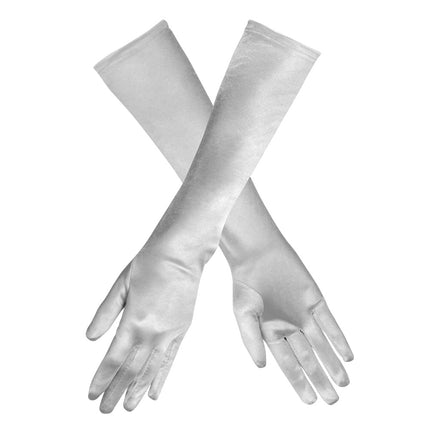 Zilverkleurige elleboog handschoenen 38 cm gekruist, glanzende polyester stof