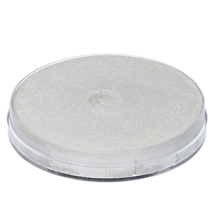 Zilverwitte aquaschmink Shimmer 140 van opzij, plat potje met transparante rand