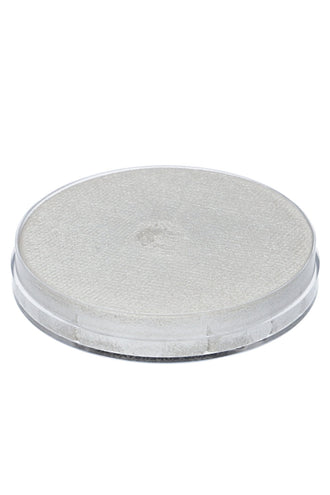 Zilverwitte aquaschmink Shimmer 140 van opzij, plat potje met transparante rand
