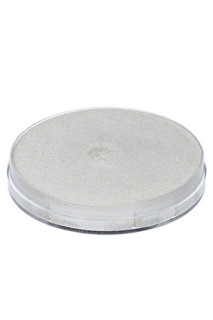 Zilverwitte aquaschmink Shimmer 140 van opzij, plat potje met transparante rand