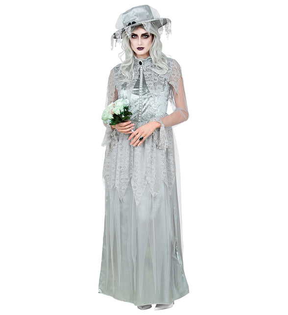 Zombie bruidsjurk dames in grijs met kanten capelet en hoed, voor Halloween