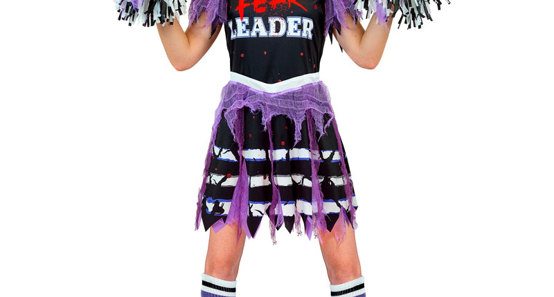 Zombie cheerleader jurkje in zwart met paars gaas en FEAR LEADER-print voor Halloween