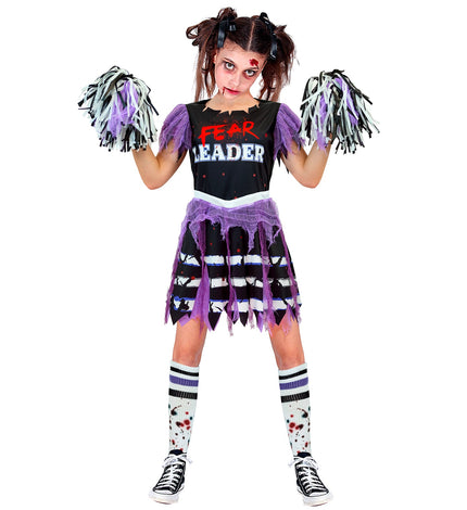 Zombie cheerleader jurkje in zwart met paars gaas en FEAR LEADER-print voor Halloween