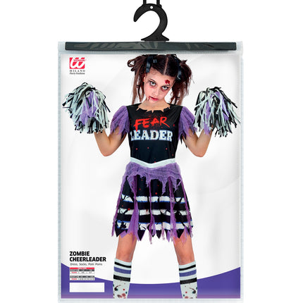 Zombie cheerleader kinderkostuum in verpakking met maattabel 116 tot 164 cm
