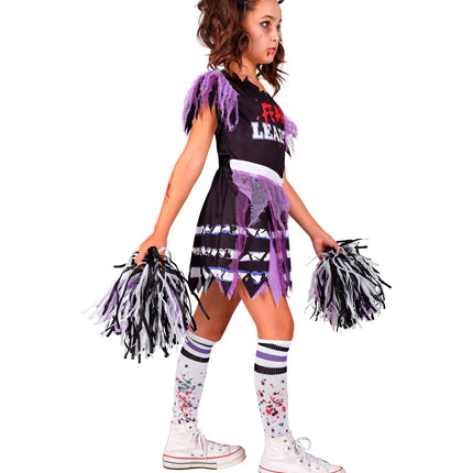 Zombie cheerleader outfit van de zijkant met gerafelde puntzoom en paars gaas