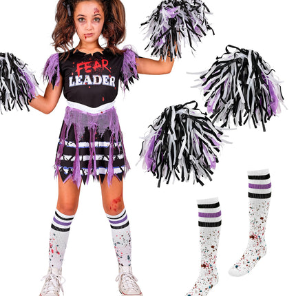 Zombie cheerleader set met jurk, gespetterde kniesokken en zwart-wit-paarse pom poms