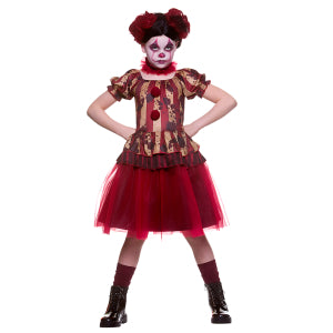 Zombie clown jurkje meiden met dubbele volant en rode tutu, gedragen met kniekousen