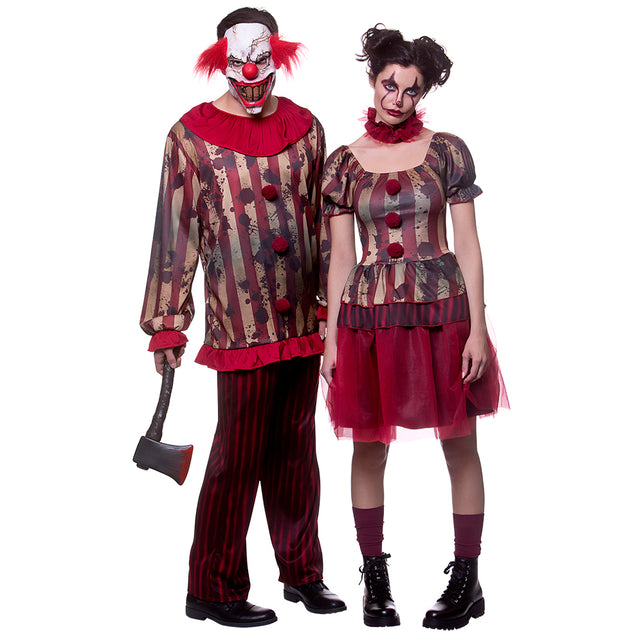 Zombie clown kostuum Bente in dameslengte tot boven de knie, met horrorclownschmink voor Halloween