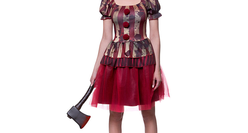 Zombie clown kostuum Bente met rood-beige gestreept lijfje en rode tulerok voor Halloween