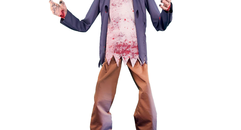 Zombie decoratiepop 215 cm met oplichtende ogen, bebloed hemd en grijs colbert voor Halloween