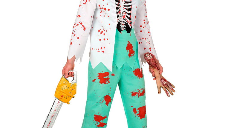 Zombie dokter kostuum heren met bebloede witte jas, ribbenkastprint en mintgroene broek voor Halloween