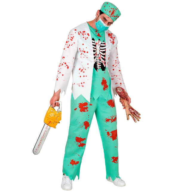 Zombie dokter kostuum heren met bebloede witte jas, ribbenkastprint en mintgroene broek voor Halloween