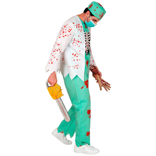 Zombie dokter kostuum heren zijaanzicht met bloedspatten op mouw en broek