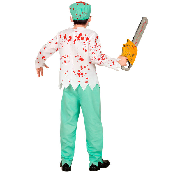Zombie dokter kostuum jongens achterkant met puntige zoom en rode spatten op de witte jas