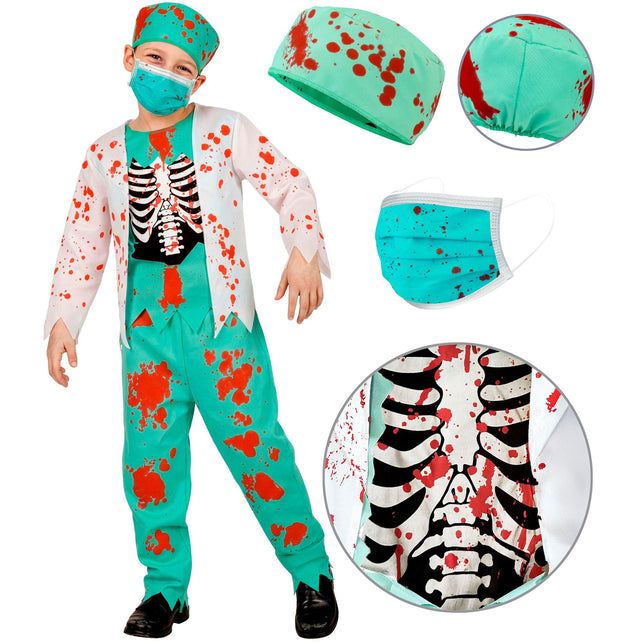 Zombie dokter kostuum jongens vierdelig met groen hoedje, mondmasker en ribbenkastprint in detail