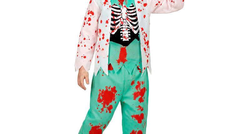 Zombie dokter kostuum jongens met witte bloedjas, ribbenkastprint en groene broek voor Halloween