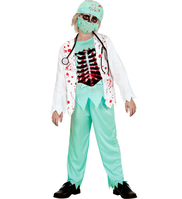 Zombie dokter pak kind met bebloede witte jas, mintgroene broek en muts voor Halloween