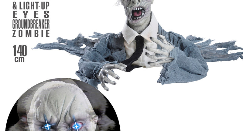 Zombie groundbreaker voor Halloween met grijs hoofd, wit overhemd, zwarte stropdas en blauw oplichtende ogen in close-up