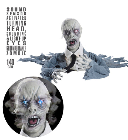 Zombie groundbreaker voor Halloween met grijs hoofd, wit overhemd, zwarte stropdas en blauw oplichtende ogen in close-up