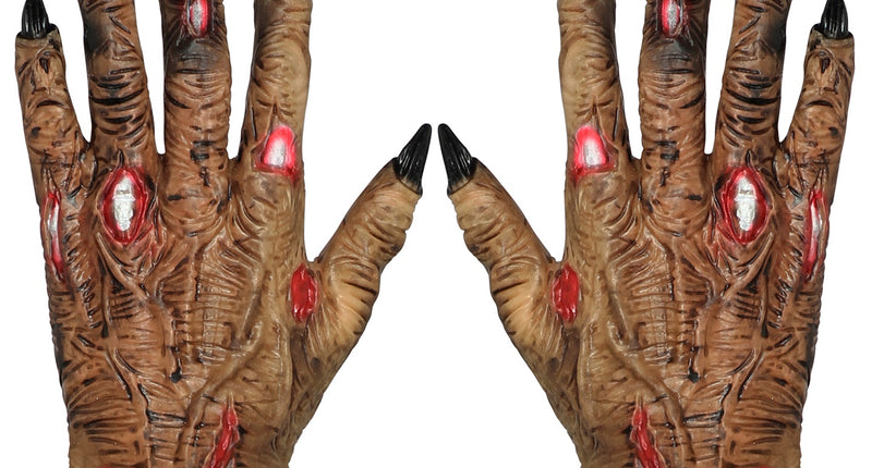 Zombie handschoenen in bruin met zwarte klauwnagels en rode wonden, paar voor Halloween