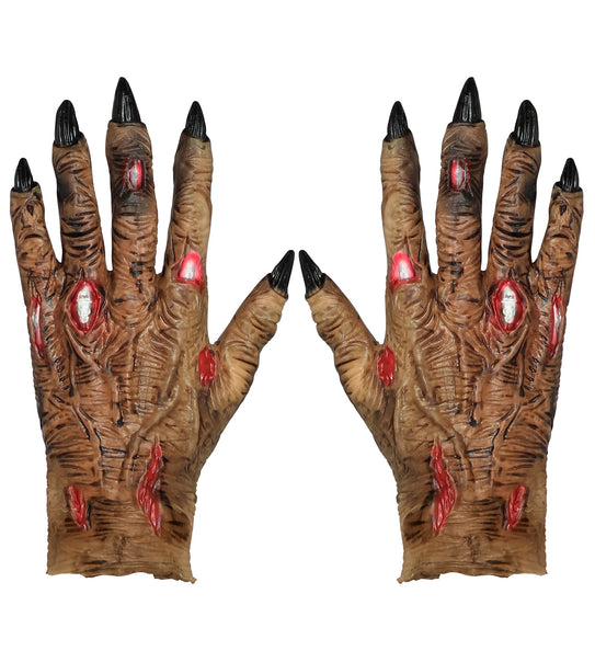Zombie handschoenen in bruin met zwarte klauwnagels en rode wonden, paar voor Halloween
